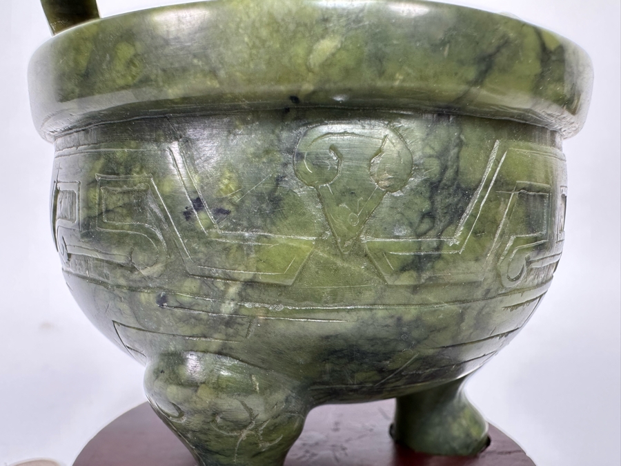 Vintage Chinese Carved Jade Incense Burner With Wooden Stand 4W X 4H [CA] [Photo 15]