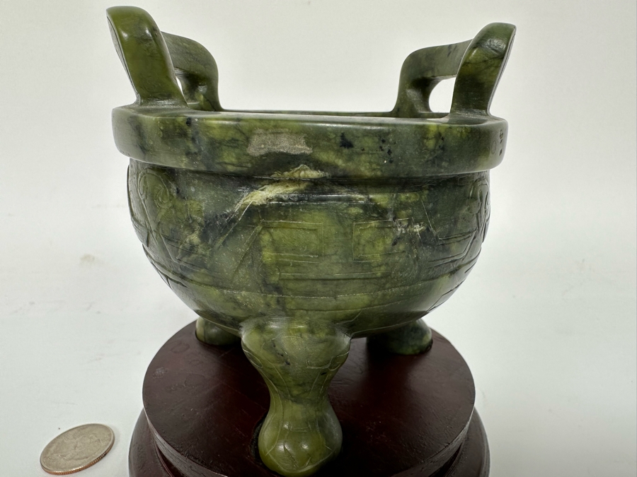 Vintage Chinese Carved Jade Incense Burner With Wooden Stand 4W X 4H [CA] [Photo 3]