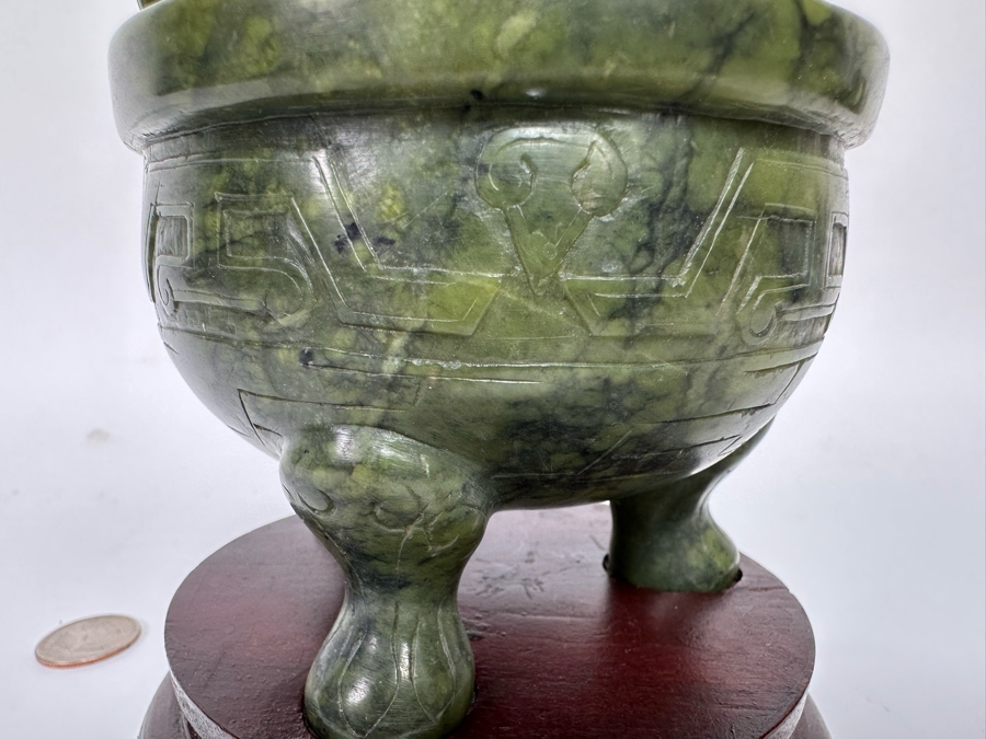 Vintage Chinese Carved Jade Incense Burner With Wooden Stand 4W X 4H [CA] [Photo 13]