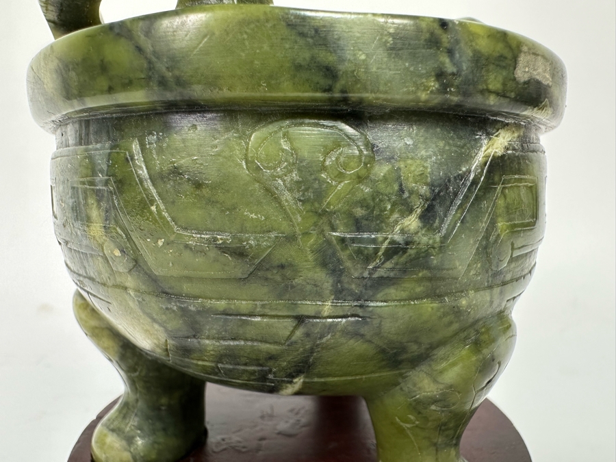 Vintage Chinese Carved Jade Incense Burner With Wooden Stand 4W X 4H [CA] [Photo 7]