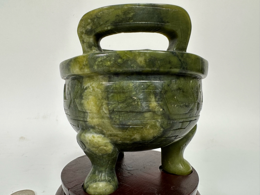 Vintage Chinese Carved Jade Incense Burner With Wooden Stand 4W X 4H [CA] [Photo 8]