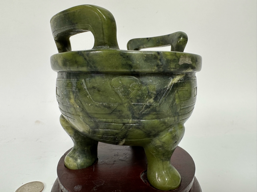 Vintage Chinese Carved Jade Incense Burner With Wooden Stand 4W X 4H [CA] [Photo 6]