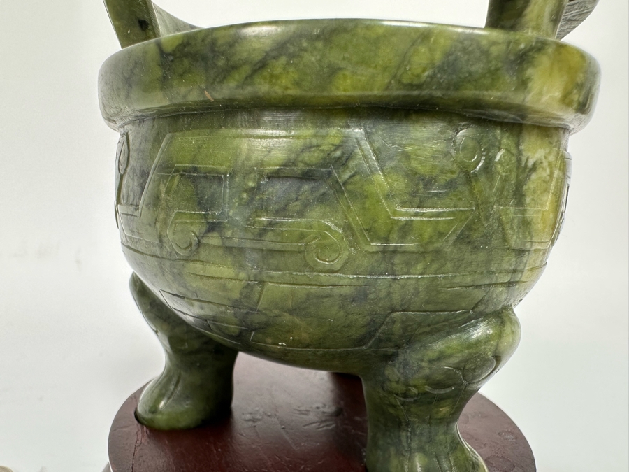 Vintage Chinese Carved Jade Incense Burner With Wooden Stand 4W X 4H [CA] [Photo 11]