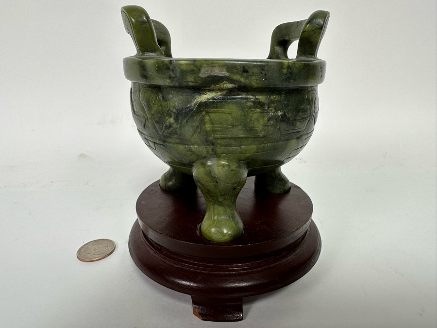 Vintage Chinese Carved Jade Incense Burner With Wooden Stand 4W X 4H [CA] [Photo 4]