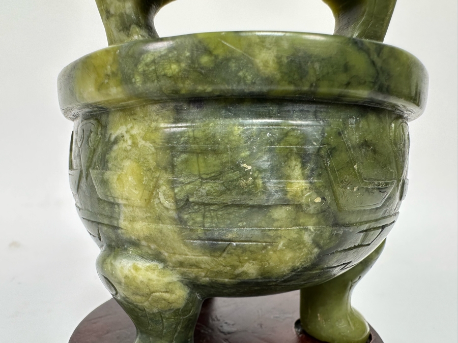 Vintage Chinese Carved Jade Incense Burner With Wooden Stand 4W X 4H [CA] [Photo 9]