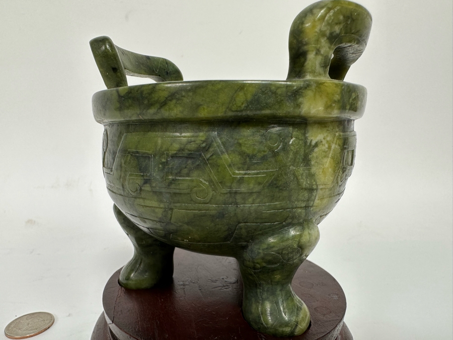 Vintage Chinese Carved Jade Incense Burner With Wooden Stand 4W X 4H [CA] [Photo 10]
