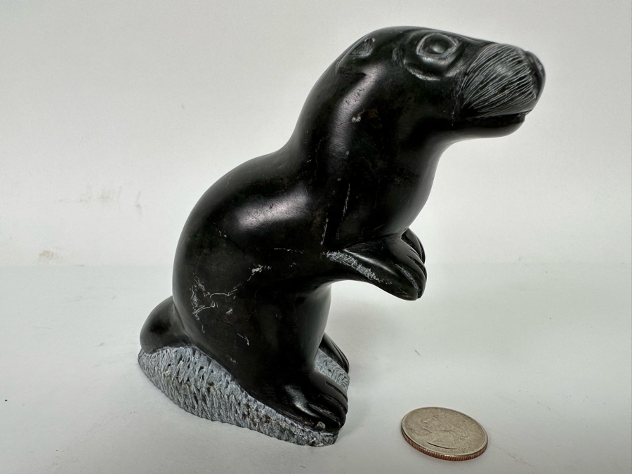 Signed Inuit Carved Stone Figurine Of Standing Otter 5W X 2D X 4H [CA] [Photo 2]