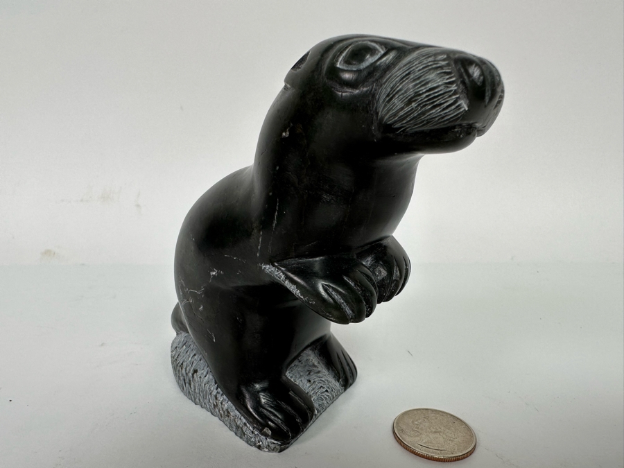 Signed Inuit Carved Stone Figurine Of Standing Otter 5W X 2D X 4H [CA] [Photo 3]