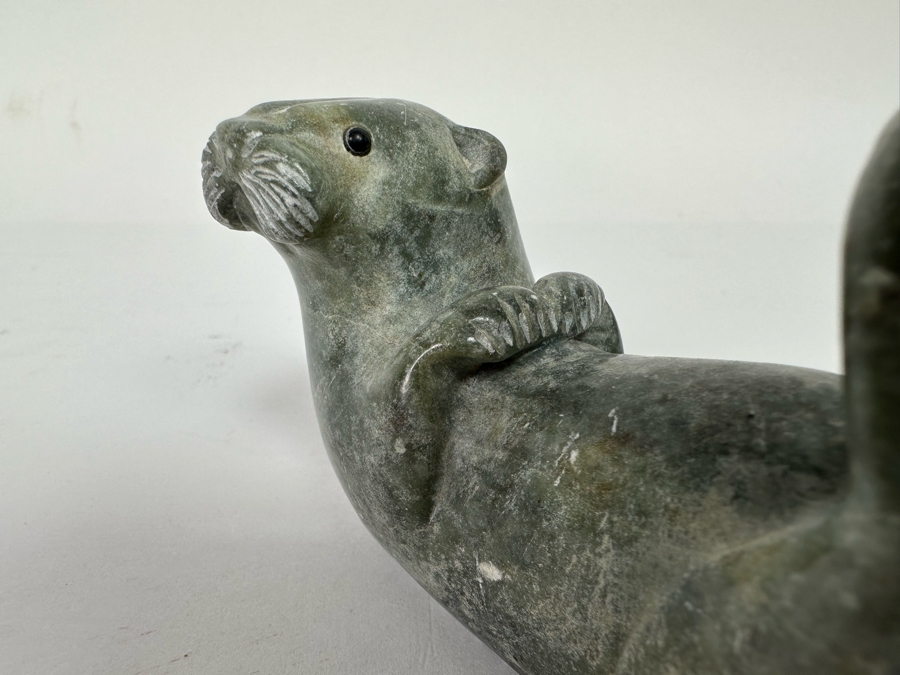 Signed Carved Stone Otter Figurine 4.5W X 1.75D X 2H [CA] [Photo 9]