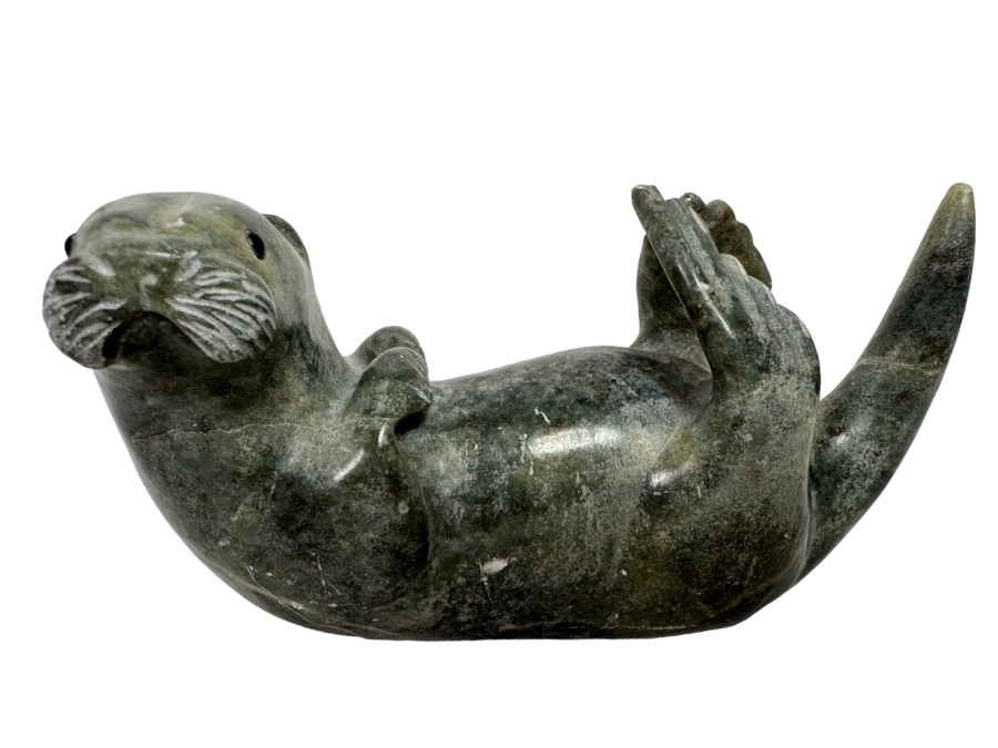 Signed Carved Stone Otter Figurine 4.5W X 1.75D X 2H [CA] [Photo 1]