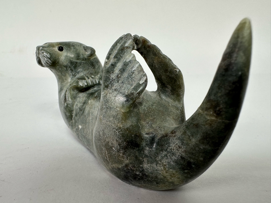 Signed Carved Stone Otter Figurine 4.5W X 1.75D X 2H [CA] [Photo 7]