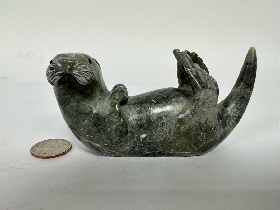 Signed Carved Stone Otter Figurine 4.5W X 1.75D X 2H [CA] [Photo 10]