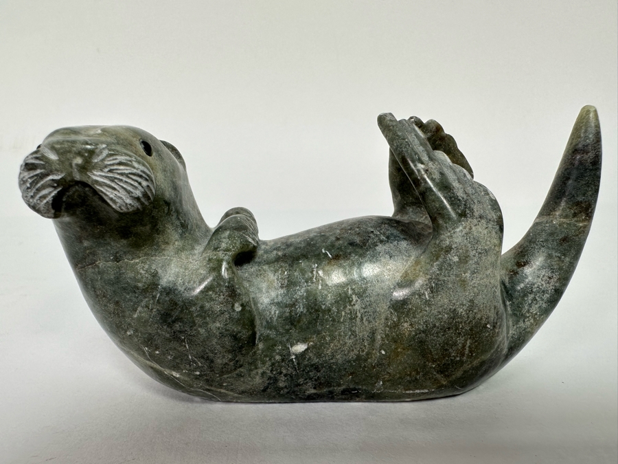 Signed Carved Stone Otter Figurine 4.5W X 1.75D X 2H [CA] [Photo 2]