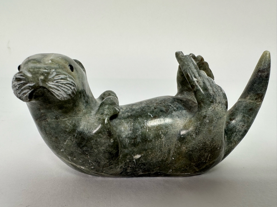 Signed Carved Stone Otter Figurine 4.5W X 1.75D X 2H [CA] [Photo 3]