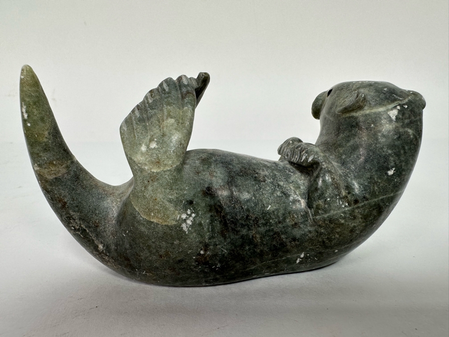 Signed Carved Stone Otter Figurine 4.5W X 1.75D X 2H [CA] [Photo 6]
