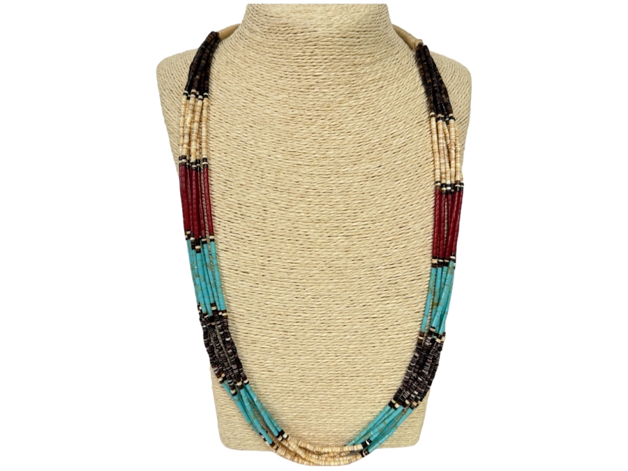Multi-Strand Native American Beaded 30' Necklace With Turquoise And Coral Beads [CA]