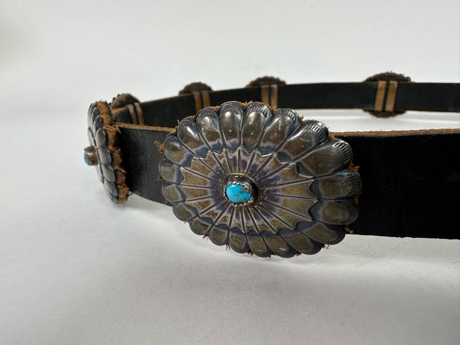 Sterling Silver & Turquoise Leather Concho Belt Signed AG 42L [CA] [Photo 4]