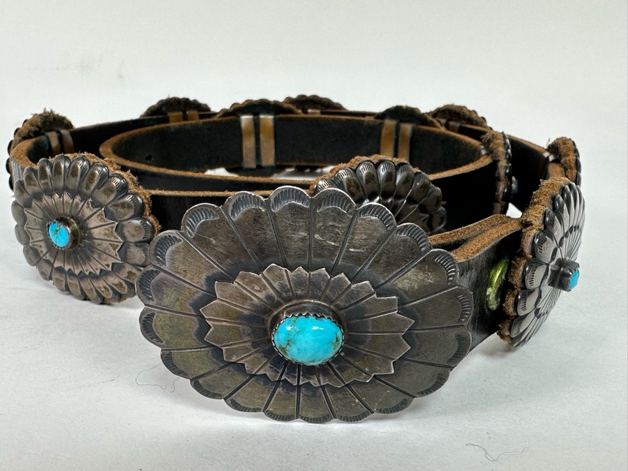 Sterling Silver & Turquoise Leather Concho Belt Signed AG 42L [CA] [Photo 8]