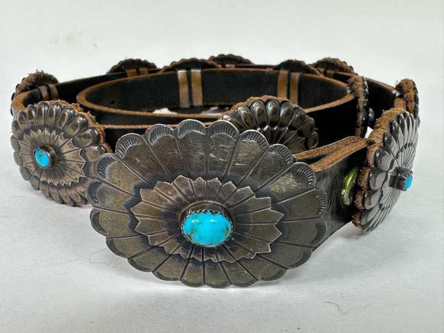 Sterling Silver & Turquoise Leather Concho Belt Signed AG 42L [CA] [Photo 6]