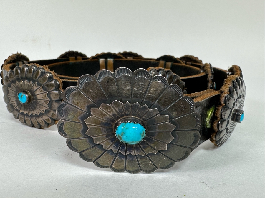 Sterling Silver & Turquoise Leather Concho Belt Signed AG 42L [CA] [Photo 7]