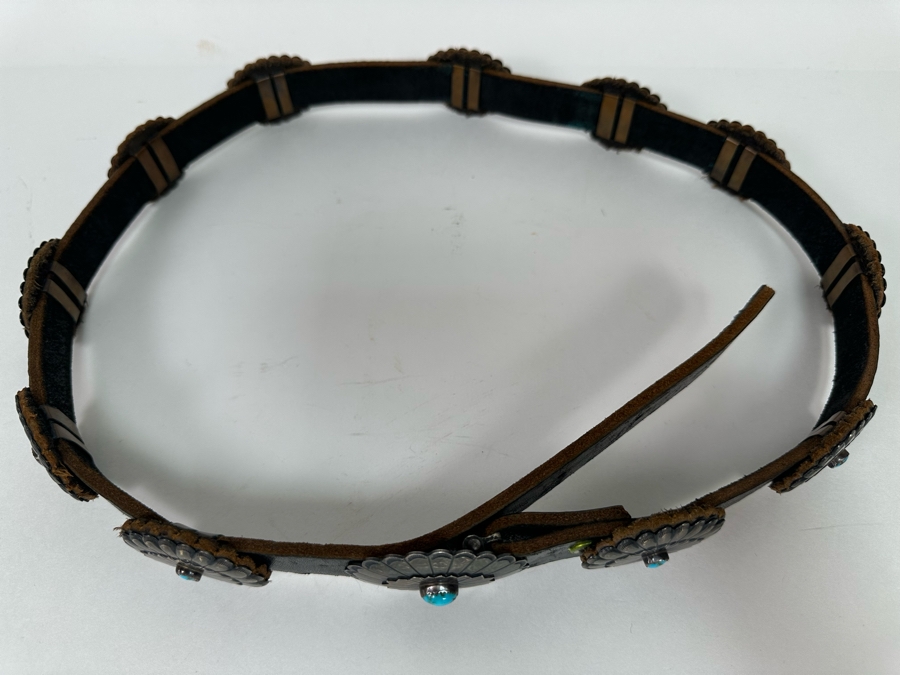 Sterling Silver & Turquoise Leather Concho Belt Signed AG 42L [CA] [Photo 5]