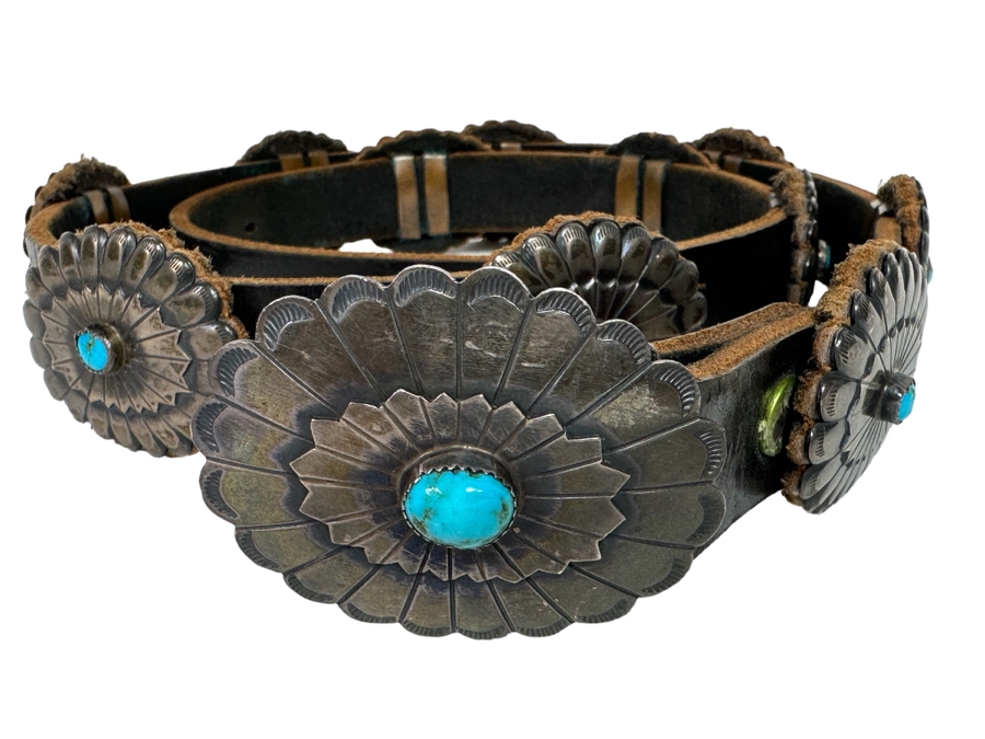 Sterling Silver & Turquoise Leather Concho Belt Signed AG 42L [CA] [Photo 1]