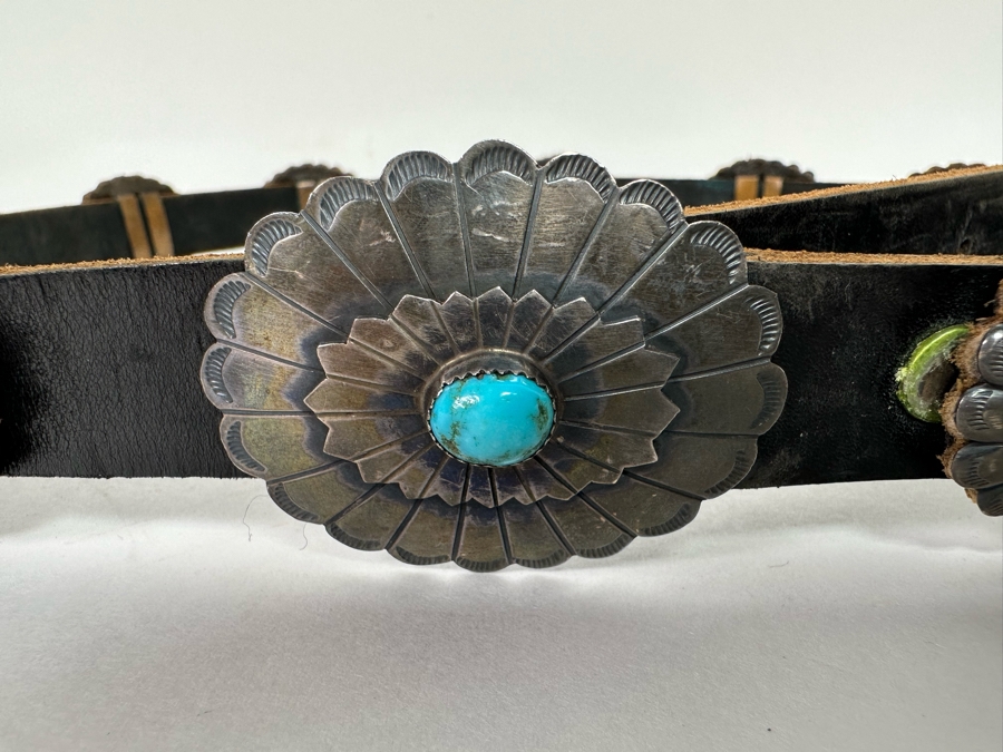 Sterling Silver & Turquoise Leather Concho Belt Signed AG 42L [CA] [Photo 2]