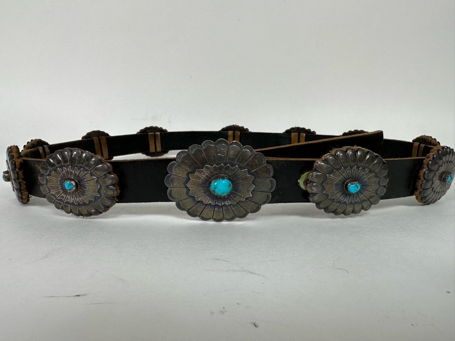 Sterling Silver & Turquoise Leather Concho Belt Signed AG 42L [CA] [Photo 3]
