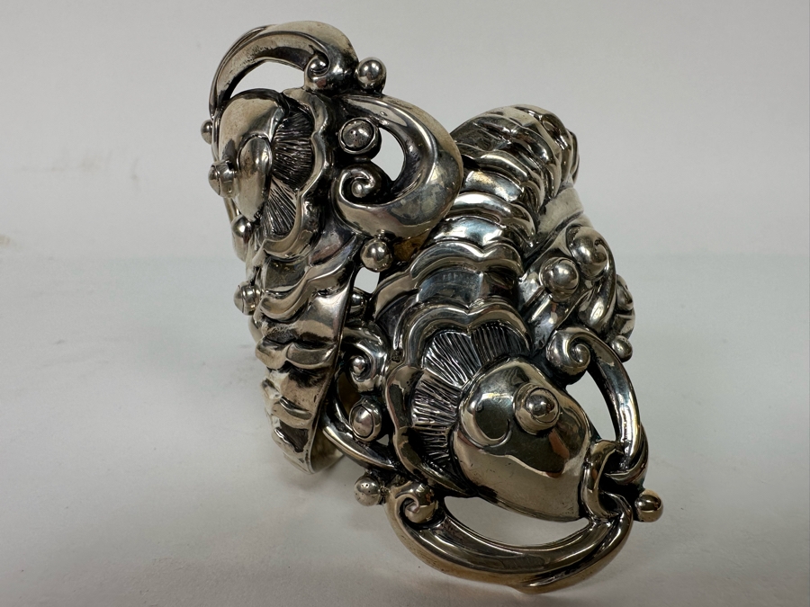 Margot De Taxco Sterling Silver Mexican Repousse Statement Bracelet Fish Design 104.2g [CA] [Photo 13]