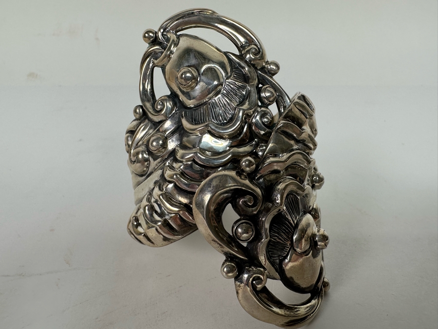 Margot De Taxco Sterling Silver Mexican Repousse Statement Bracelet Fish Design 104.2g [CA] [Photo 5]
