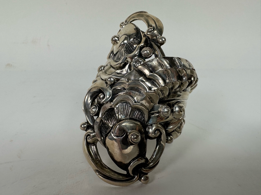 Margot De Taxco Sterling Silver Mexican Repousse Statement Bracelet Fish Design 104.2g [CA] [Photo 6]