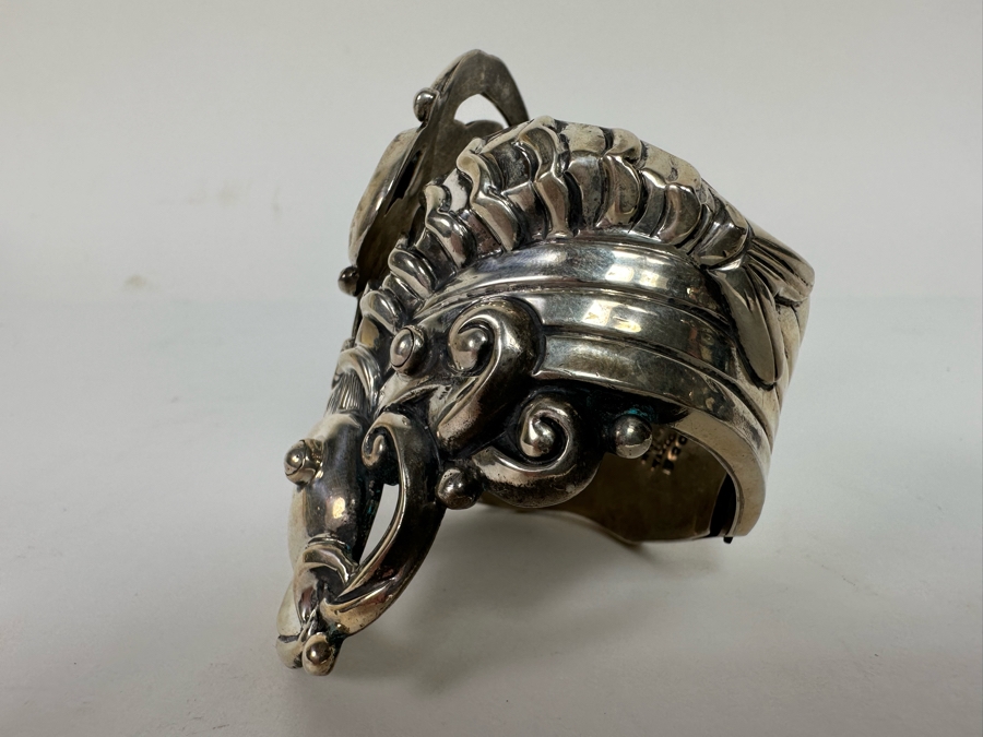 Margot De Taxco Sterling Silver Mexican Repousse Statement Bracelet Fish Design 104.2g [CA] [Photo 10]