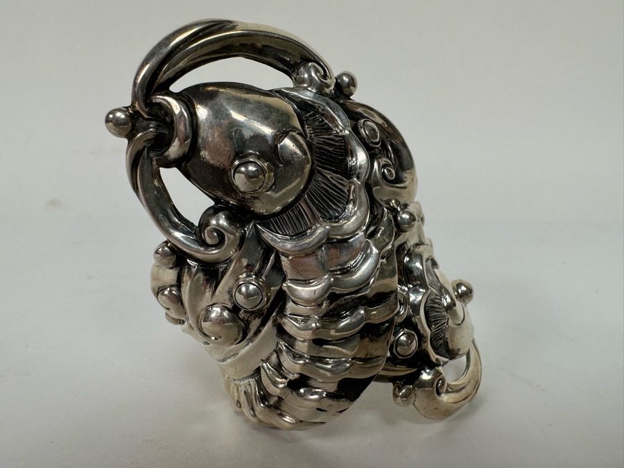 Margot De Taxco Sterling Silver Mexican Repousse Statement Bracelet Fish Design 104.2g [CA] [Photo 12]