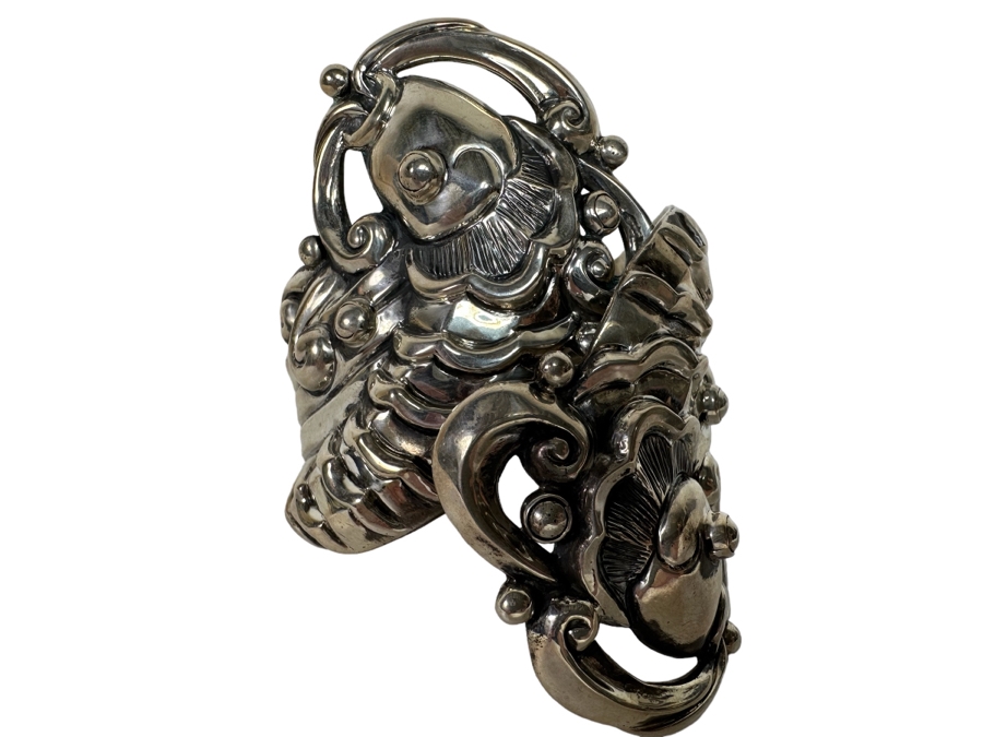 Margot De Taxco Sterling Silver Mexican Repousse Statement Bracelet Fish Design 104.2g [CA] [Photo 4]