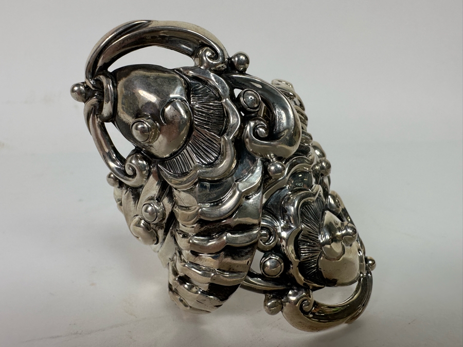 Margot De Taxco Sterling Silver Mexican Repousse Statement Bracelet Fish Design 104.2g [CA] [Photo 8]