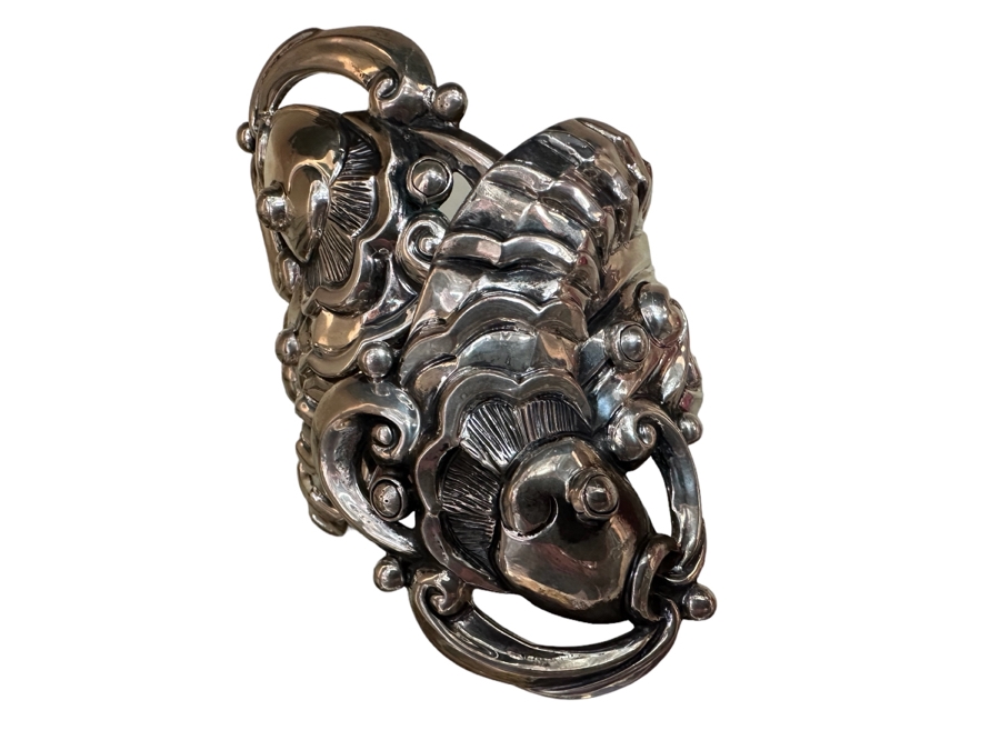 Margot De Taxco Sterling Silver Mexican Repousse Statement Bracelet Fish Design 104.2g [CA] [Photo 2]