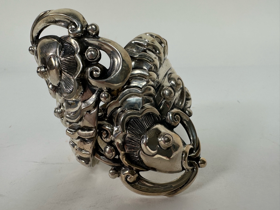 Margot De Taxco Sterling Silver Mexican Repousse Statement Bracelet Fish Design 104.2g [CA] [Photo 7]