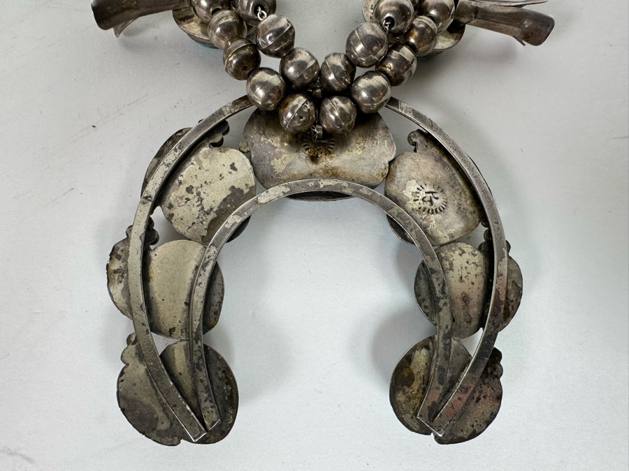 Stunning Vintage Squash Blossom 20' Necklace With Sterling Silver & Turquoise Signed PJ 176.3g [CA] [Photo 11]