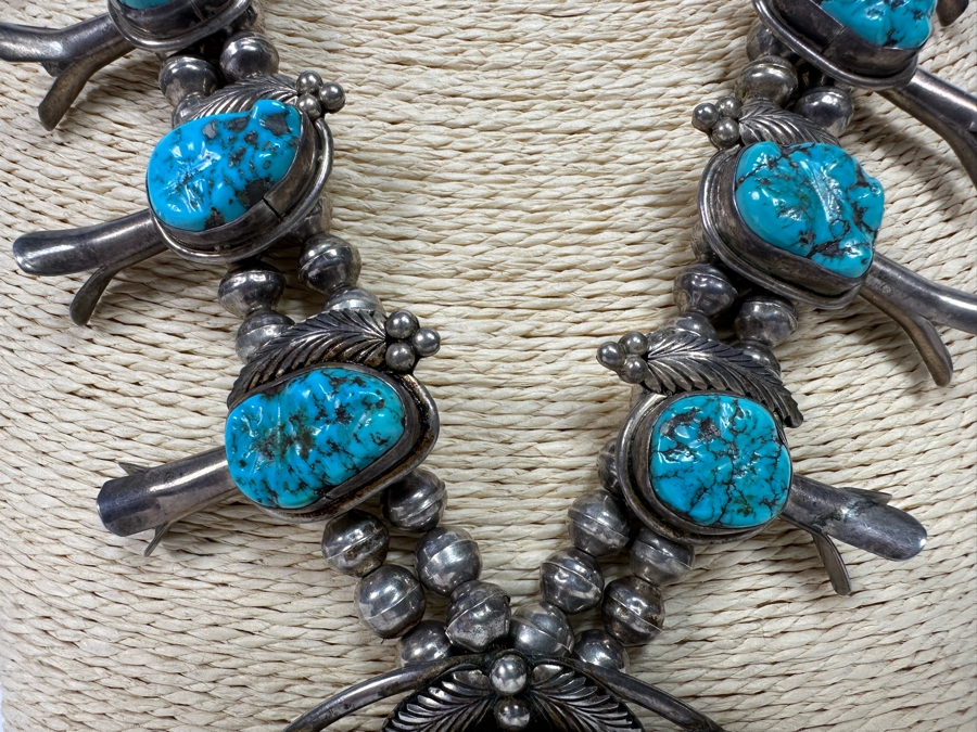 Stunning Vintage Squash Blossom 20' Necklace With Sterling Silver & Turquoise Signed PJ 176.3g [CA] [Photo 5]