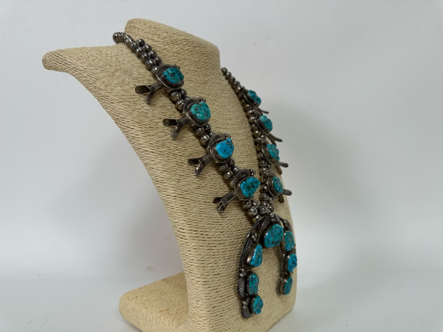 Stunning Vintage Squash Blossom 20' Necklace With Sterling Silver & Turquoise Signed PJ 176.3g [CA] [Photo 9]