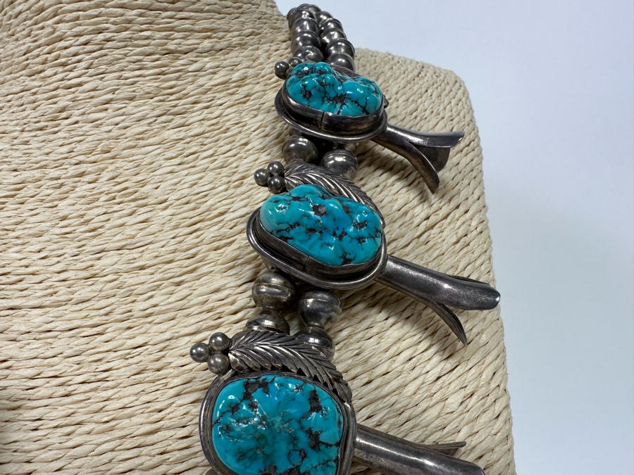 Stunning Vintage Squash Blossom 20' Necklace With Sterling Silver & Turquoise Signed PJ 176.3g [CA] [Photo 7]