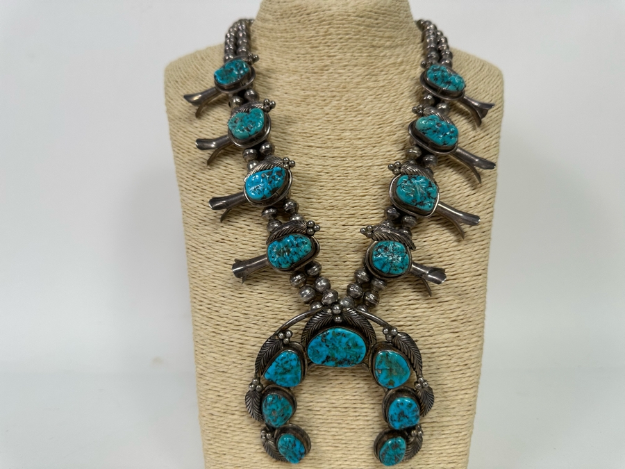 Stunning Vintage Squash Blossom 20' Necklace With Sterling Silver & Turquoise Signed PJ 176.3g [CA] [Photo 3]