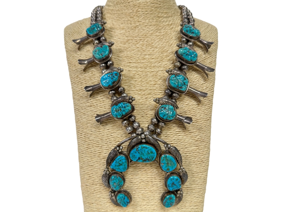 Stunning Vintage Squash Blossom 20' Necklace With Sterling Silver & Turquoise Signed PJ 176.3g [CA]
