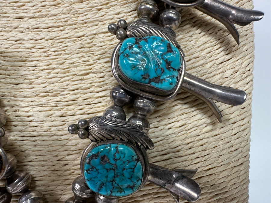 Stunning Vintage Squash Blossom 20' Necklace With Sterling Silver & Turquoise Signed PJ 176.3g [CA] [Photo 6]