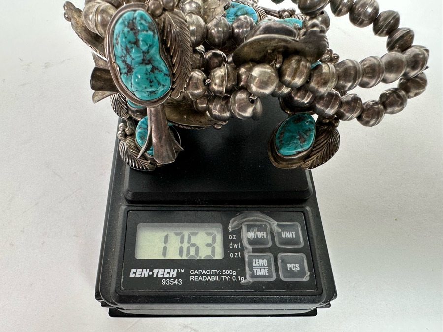 Stunning Vintage Squash Blossom 20' Necklace With Sterling Silver & Turquoise Signed PJ 176.3g [CA] [Photo 16]