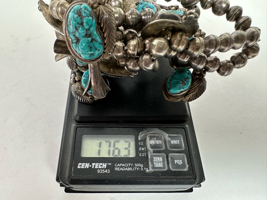 Stunning Vintage Squash Blossom 20' Necklace With Sterling Silver & Turquoise Signed PJ 176.3g [CA] [Photo 17]