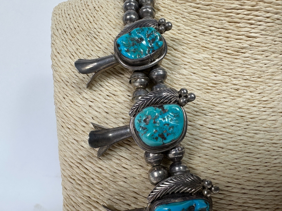 Stunning Vintage Squash Blossom 20' Necklace With Sterling Silver & Turquoise Signed PJ 176.3g [CA] [Photo 8]