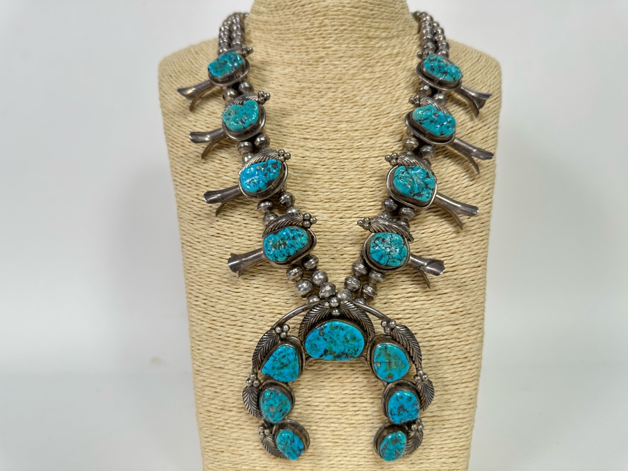 207g Vintage Blue Turquoise Squash Blossom Necklace 26, Bench Made