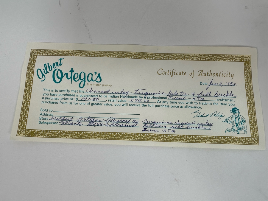 Channel Inlay Turquoise Bolo Tie & Matching Belt Buckle Zuni Native American Signed STM [CA] [Photo 10]