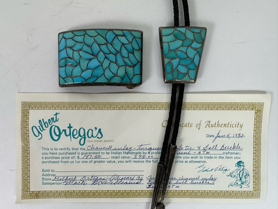 Channel Inlay Turquoise Bolo Tie & Matching Belt Buckle Zuni Native American Signed STM [CA] [Photo 3]